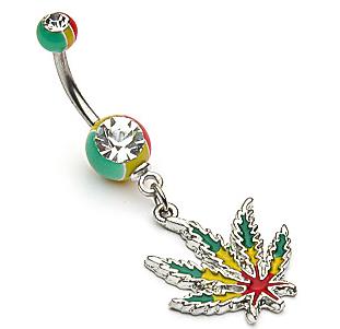 ... Rasta Colored Marijuana Pot Leaf Dangle Belly Button Navel Ring