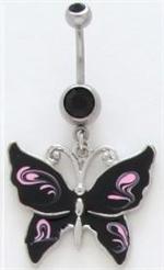 Black Butterfly with Pink Painted Swirl Design Dangle Belly Button Navel Ring