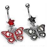 Butterfly with Carved Skull Design on Wings and Star Shape CZ Dangle Belly Button Navel Ring
